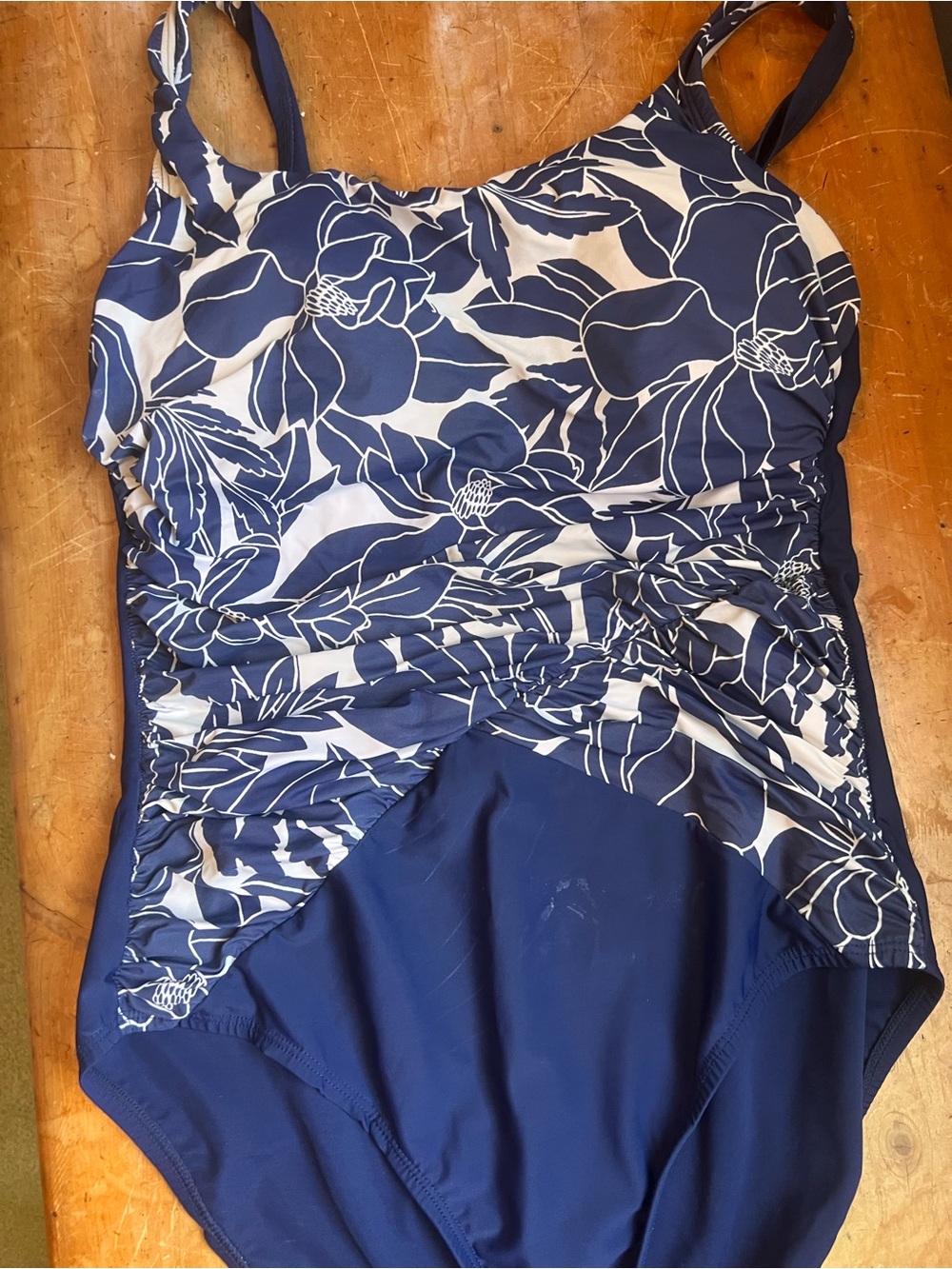 Lands' End Navy & White Floral Ruched One-Piece Swimsuit